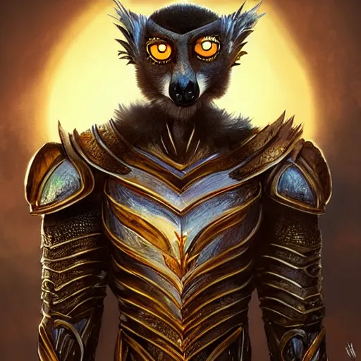 Prompt: male lemur in dragon knight armor, sun in the background, intricate, elegant, fantasy, highly detailed, digital painting, artstation, concept art, smooth, sharp focus, illustration, art by artgerm