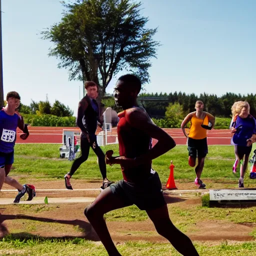 Image similar to photograph of an athletic man holding a bible while running. Bible is in their hands. Zombies in the background. Track and field event. DSLR Photography