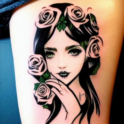 Image similar to tattoo design, stencil, beautiful girls face, long black hair, roses and ivy surrounding by artgerm, artgerm, cat girl, anime