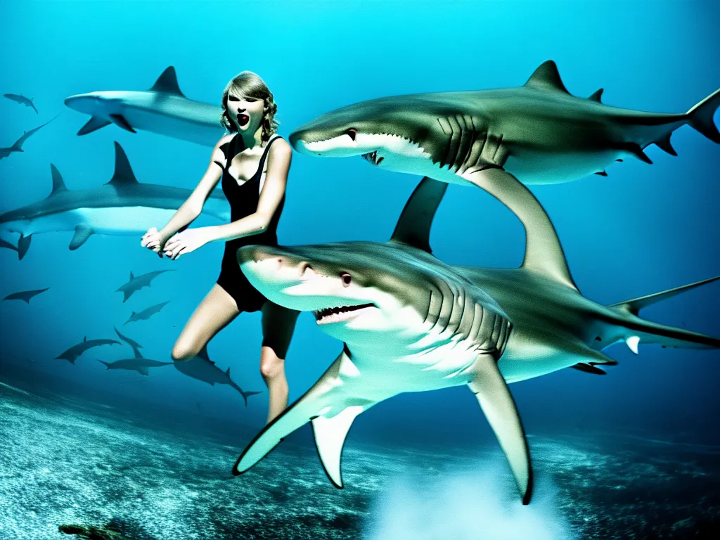 Image similar to taylor swift swimming with sharks in the sea 4 k photograph