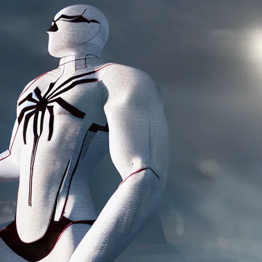 Image similar to white spider - man suit with black web lining, cinematic, volumetric lighting, realistic, hyperdetailed, photorealistic, photograph