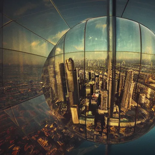 Image similar to huge city inside a water bubble, via tilt shift photography