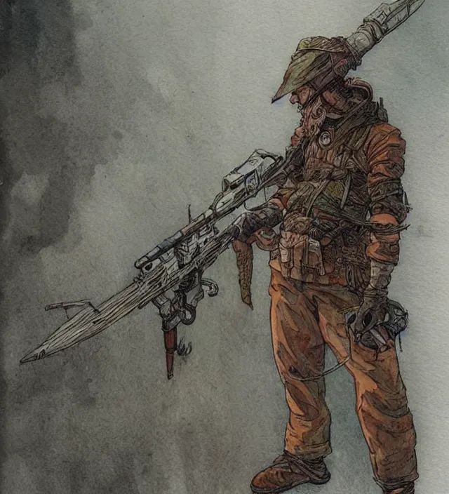 Image similar to a watercolor ink painting of an post - apocalyptic elven sniper in the style of jean giraud in the style of moebius trending on artstation deviantart pinterest detailed realistic hd 8 k high resolution