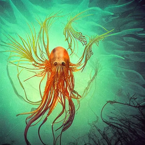 Prompt: underwater photograph of a human faced jellyfish on shallow waters, strange, hyper detailed, fractal, mutant, tendrils, tentacles, glowing, tropical, crystal waters, reef