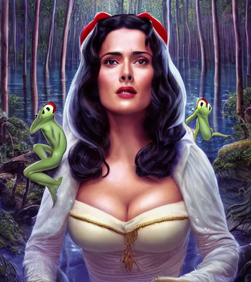 Image similar to film still of Salma Hayek as snow white in a forest by a pond with frogs, by artgerm, makoto sinkai, magali villeneuve, Gil Elvgren, Earl Moran,Enoch Bolles, symmetrical,