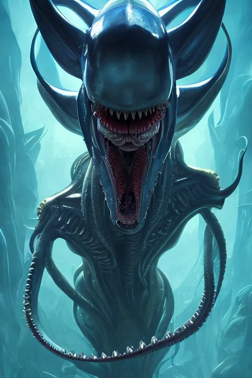 Prompt: underwater xenomorph alien mixed with sharks extra teeth, tentacles, highly detailed, digital painting, artstation, concept art, smooth, sharp focus, illustration, unreal engine 5, 8 k, art by artgerm and greg rutkowski and alphonse mucha and ifbb pro fitness photograph