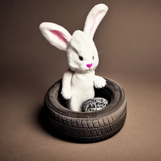 Image similar to easter bunny sitting in a tire, studio photo, high quality