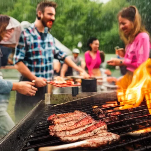 Image similar to portrait of people doing bbq under heavy rain