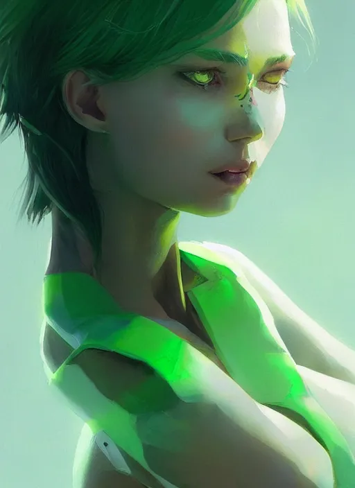 Prompt: a beautiful woman with green weyes lookign directly at the camera, bright colors, highly detailed, concept art, matte, trending on artstation, anime, art by wlop and artgerm and greg rutkowski, ilya kuvshinov, strong strokes,
