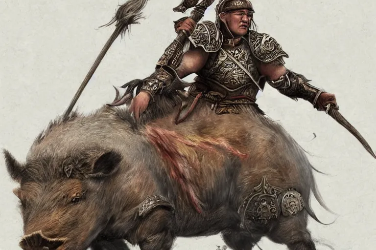 Image similar to a mongolian warrior riding a boar, fantasy concept art