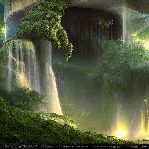 Image similar to waterfall alien web sacred cryengine render sharp focus 8 k detailed by benoit mandelbrot, paul lehr, frank gehry, peter mohrbacher, android jones, beksinski, evgeny lushpin, james christensen