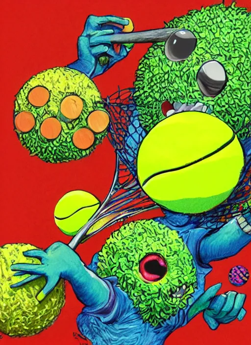 Prompt: tennis ball monsters playing tennis, a tennis ball monster, tennis ball, colorful, digital art, fantasy, magic, trending on artstation, ultra detailed, professional illustration, chalk, poster artwork by basil gogos, clean