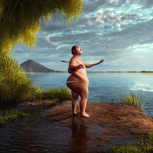 Prompt: spectacular ancient little fat girl with fur cloth, standing on the edge of the beautiful lake. clear beautiful fat face. morning time. an amazingly beautiful scene. beautiful lighting, 4 k post - processing, trending in art station, cg society, highly detailed, 5 k extremely detailed, 3 d. cinematic scene.