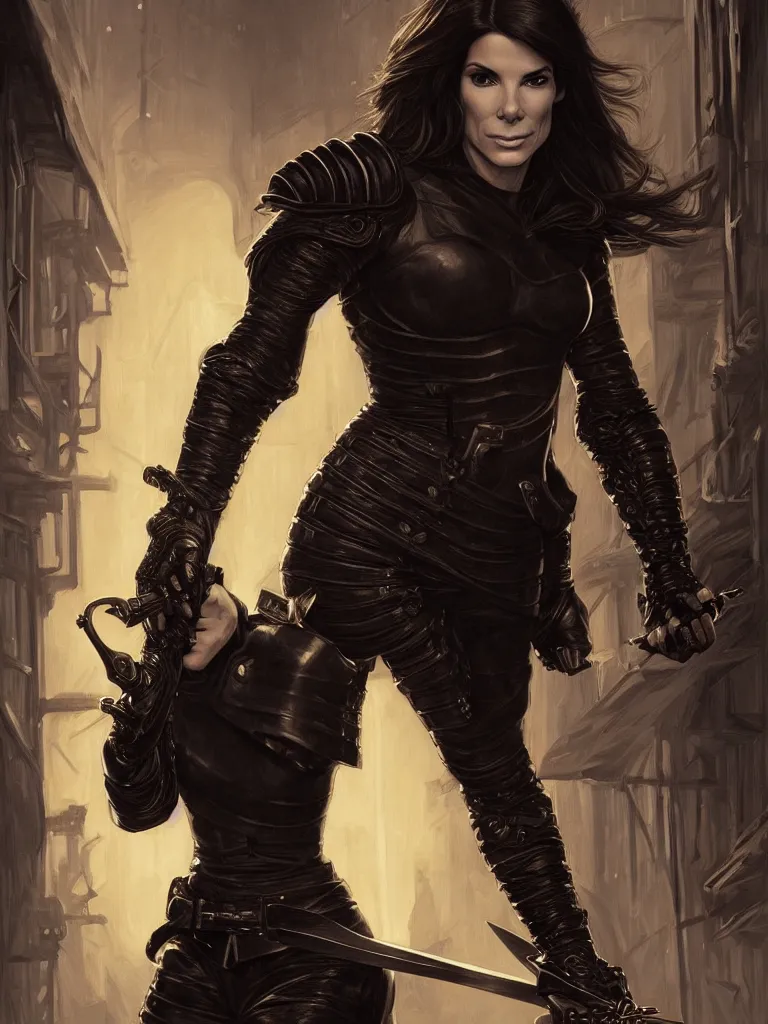 Image similar to portrait of a young sandra bullock as a thief wearing black leather armor and wielding a dagger in a dark alleyway, fantasy, intricate, elegant, highly detailed, digital painting, artstation, concept art, matte, sharp focus, illustration, art by j. c. leyendecker