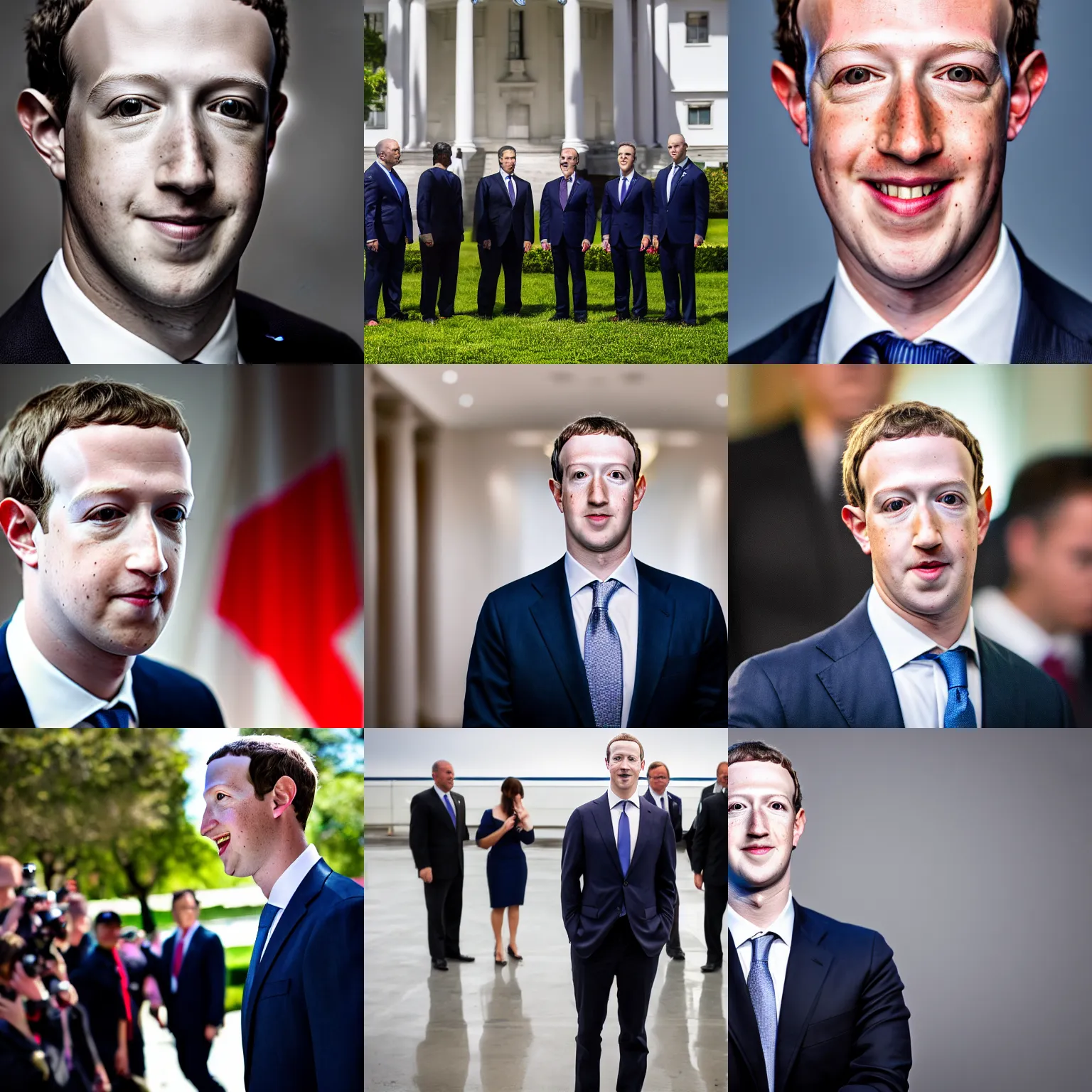 Prompt: headshot of Mark Zuckerberg as the president of the united states standing next to secret service agents, EOS-1D, f/1.4, ISO 200, 1/160s, 8K, RAW, unedited, symmetrical balance, in-frame, Photoshop, Nvidia, Topaz AI