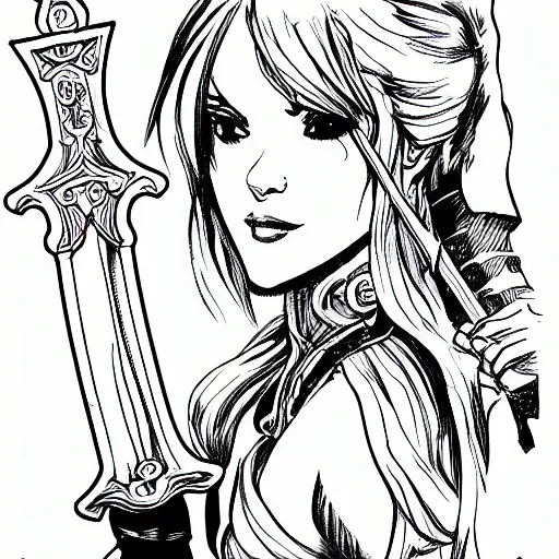 Prompt: a character lineart of a beautiful swordmaid, drawn with pencil, comic art, outlines, black and white,