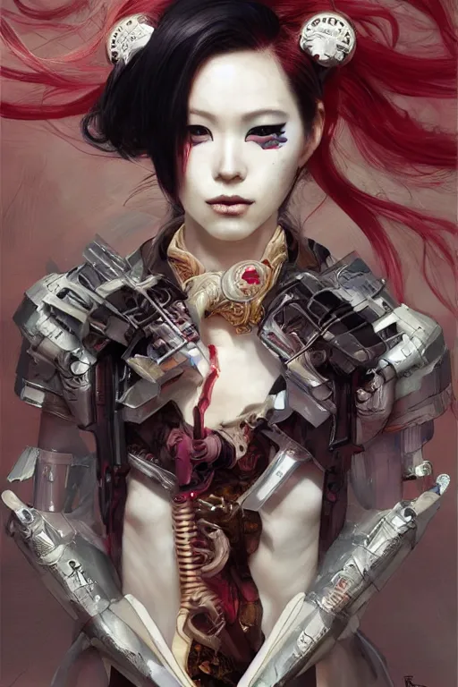 Image similar to > professional dynamtic portrait of female an agile geisha cyberpunk in a dynamic pose , armor elements , long red hair, beautiful bone structure, symmetrical facial features, intricate, elegant, digital painting, concept art, smooth, sharp focus, illustration, by Ruan Jia and Mandy Jurgens , and mucha, and Artgerm and William-Adolphe Bouguerea