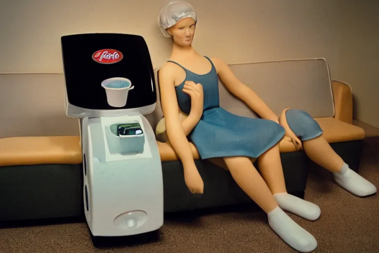 Prompt: an extremely realistic life-sized slushie machine porcelain model sitting on a gray couch from 1985, bathed in the glow of a television, low-light photograph