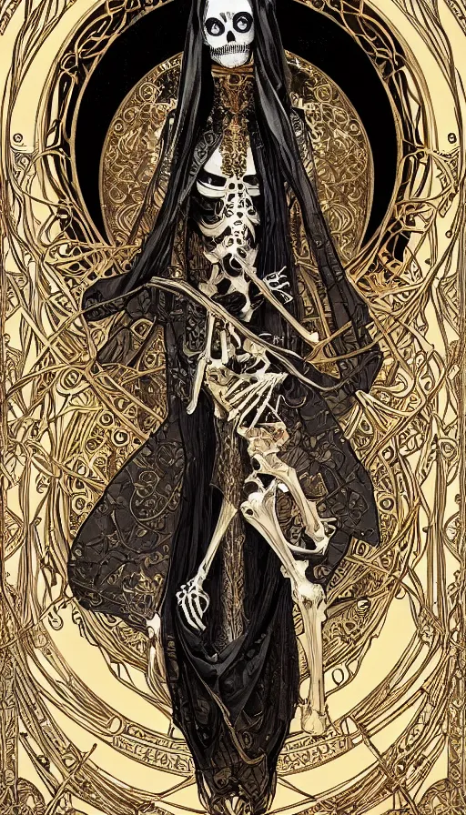 Image similar to a skeleton in a black cloak, highly detailed, very intricate, art nouveau, gold filigree, left right symmetry, tarot concept art watercolor illustration by mandy jurgens and alphonse mucha and alena aenami, featured on artstation