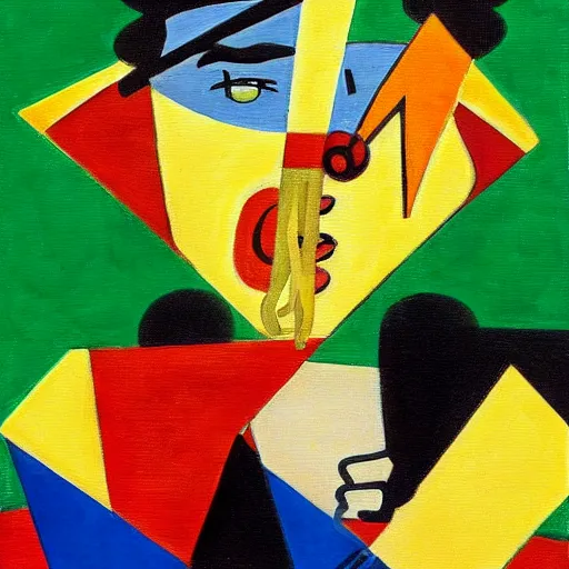 Image similar to surrealist painting, chinese man eating noodles, cubism