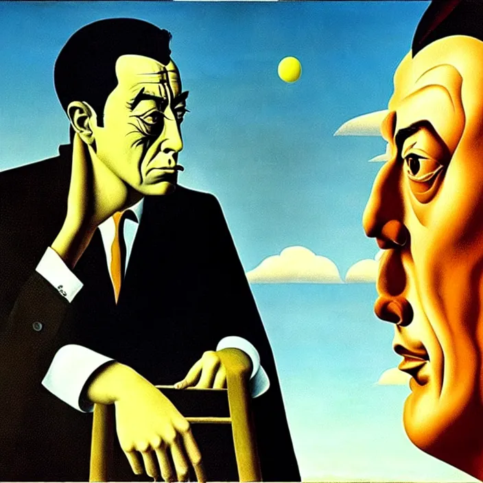 Image similar to camus pondering about the absurdity of existence, by salvador dali and rene magritte, oil on canvas, dramatic lighting