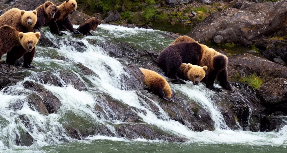 Image similar to dozens!!! of bears!!! catching salmon on a small waterfall in alaska, detailed, wide angle, 4 k