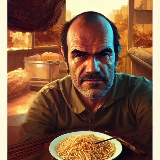 Image similar to trevor philips face on noodles, highly detailed, digital painting, artstation, concept art, smooth, sharp focus, illustration, art by artgerm and greg rutkowski and alphonse mucha
