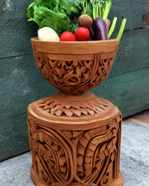 Image similar to wooden carving statue of a basket of vegetables, product picture, ebay listing thumbnail