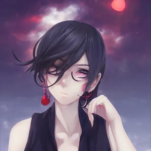 Prompt: beautiful anime girl art by yan gisuka, JeonSeok Lee, artgerm, Ross draws, zeronis, Chengwei Pan on artstation #short hair #black hair #black top #earrings #makeup #age 26 #lipstick #mysterious