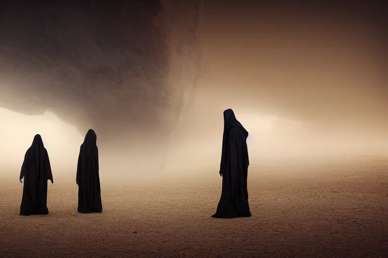 Prompt: two shadowy figures in tattered robes confronting each other in an alien desert during a sandstorm ; tension, creepy mood, uneasy atmosphere, breathtaking digital art, cinematic lighting, striking perspective, contrasting colors, unreal engine 8 k, trending on artstation, aesthetic color palette, very realistic, highly detailed