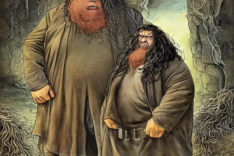 Prompt: surreal a hulking herculean hagrid in a post apocalyptic hellscape by peter booth and william blake esoteric symbolism, intense emotional power