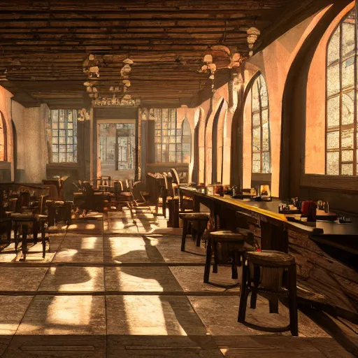 Image similar to ultra mega super hyper realistic Digital concept interior design of tavern in Cyberpunk style mixed with medieval style. Natural white sunlight from the transperient roof . Rendered in VRAY and DaVinci Resolve and MAXWELL and LUMION 3D, Volumetric natural light