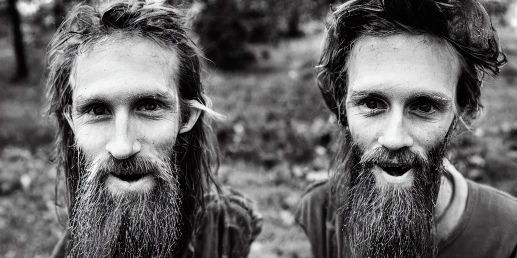 Prompt: extremely skinny malnourished redneck white male with long beard, wearing dirty overalls, dirty greasy face, grin, portrait, close up, kodak gold 2 0 0, 5 0 mm