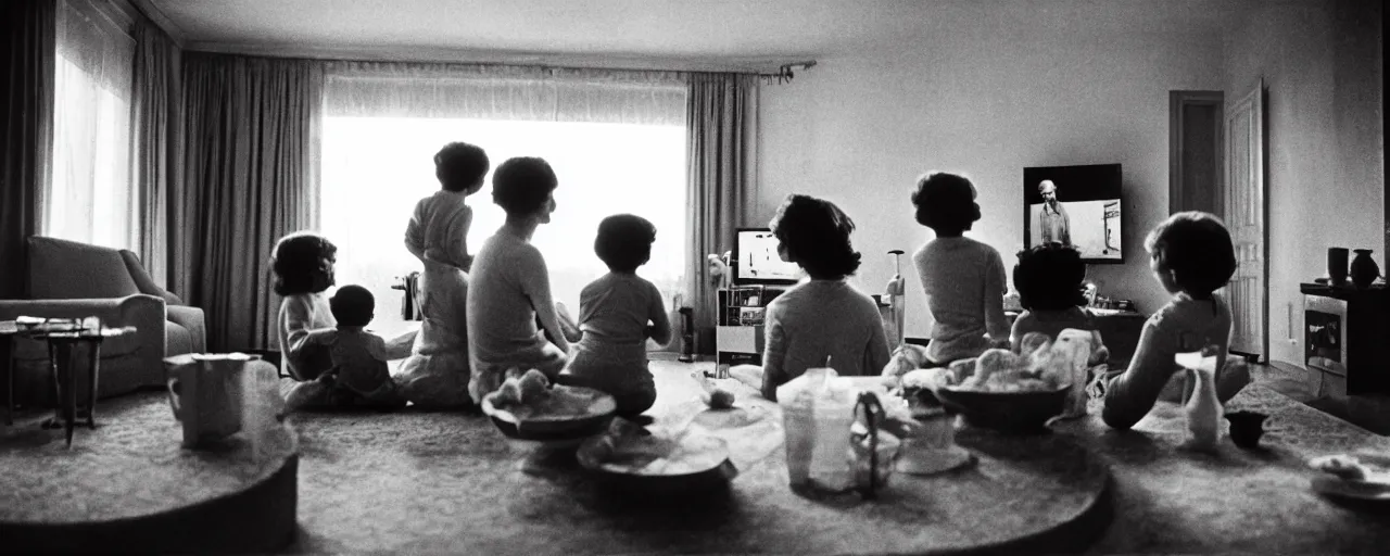 Image similar to a family eating spaghetti watching a tv showing the moon landing, in the style of diane arbus, canon 5 0 mm, wes anderson film, kodachrome, retro