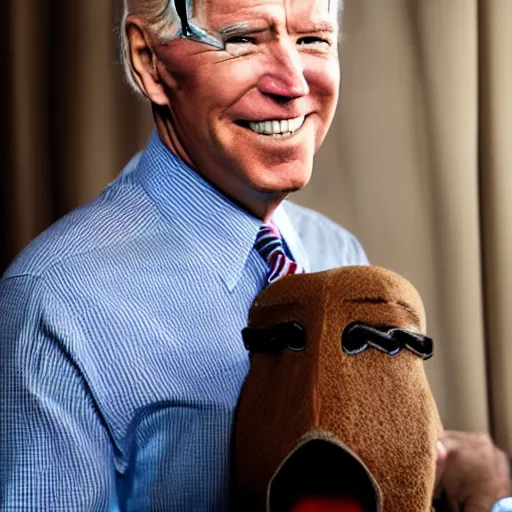 Prompt: uhd candid photo of joe biden wearing a basket muzzle, with accurate face, real muzzle, uhd, studio lighting, correct face, photo by annie leibovitz