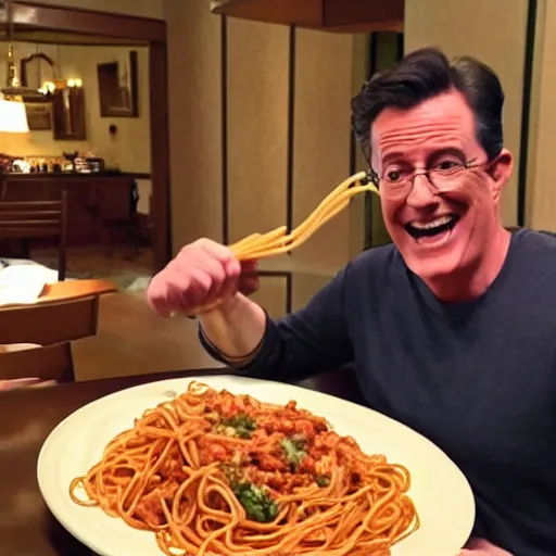 Prompt: stephen colbert punching a plate of spaghetti at olive garden