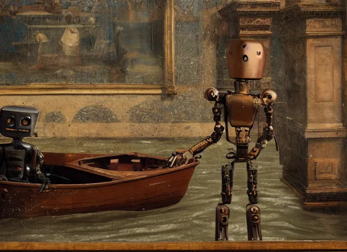 Image similar to a portrait of a robot sitting in a small boat in a renaissance room flooded with water,