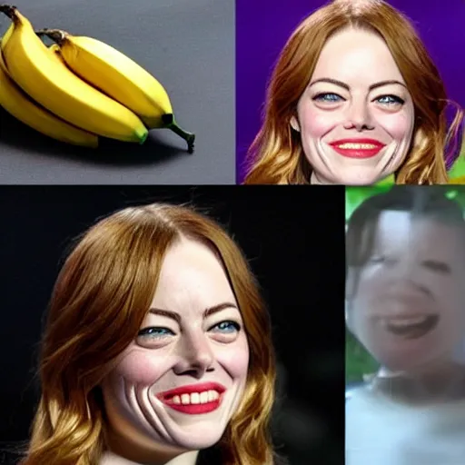 Image similar to a banana fruit that has the accurate facial expressions of emma stone on it, dark humor, dalle 2 generation