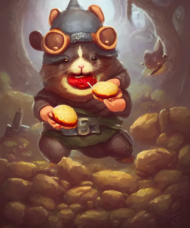 Image similar to a single anthropomorphic hamster ninja eating a hamburger, ninja outfit, standing in a buddhist temple, cute and adorable, dnd character art portrait, matte fantasy painting, deviantart artstation, by jason felix by steve argyle by tyler jacobson by peter mohrbacher, cinematic lighting