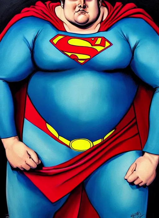Prompt: Highly detailed painting of a mordidly obese superman with his belly hanging out, style of Joshua Middleton comic book art Nick Dragotta comic art, symmetrical face, symmetrical eyes, depressed sad expression, painterly style