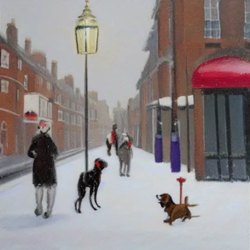 Image similar to painting of a snowy london street scene, and a dog with its tongue stuck to a lamp post