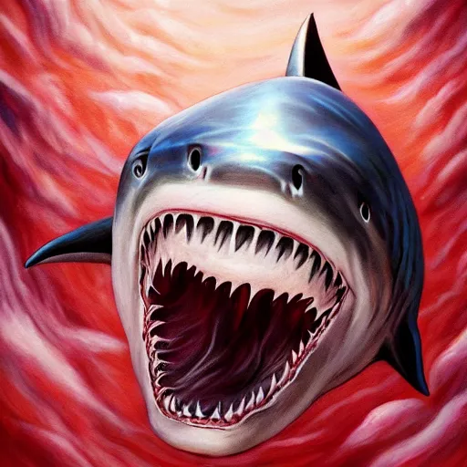 Image similar to a dream fantasy painting of white shark with blood teeth near a swimming man, in the deep, trending on artstation, deviantart, photorealism