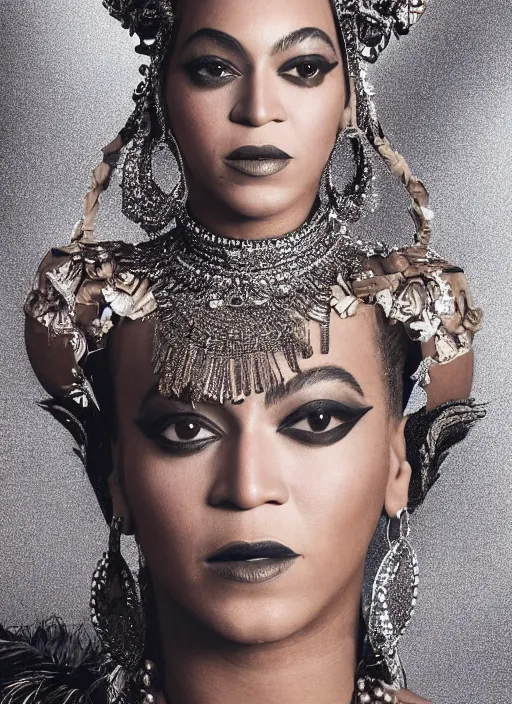 Prompt: photo of beyonce styled by nick knight posing, intricate headpiece, showstudio, vogue magazine, 2 0 2 0, canon, highly realistic. high resolution. highly detailed. dramatic. 8 k. 4 k. zeiss lens, canon eos, cinematic lighting, photography, film still