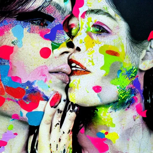 Image similar to double exposure of two women kissing ( closeup ) and an abstract painting, lomography. this photograph is subsequently printed out and splattered with paint. mixed media collage art with magazines and found art