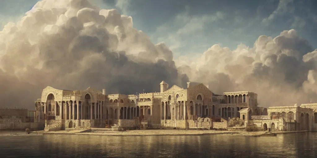 Image similar to beautiful digital illustration of a Byzantine palace in a sea of clouds, fluffy pastel clouds, establishing shot, cinematic, architecture, concept art, deviantArt, artsation, artstation HQ, HD, 16k resolution, smooth, sharp detail, amazing depth, octane, finalRender, Unreal Engine