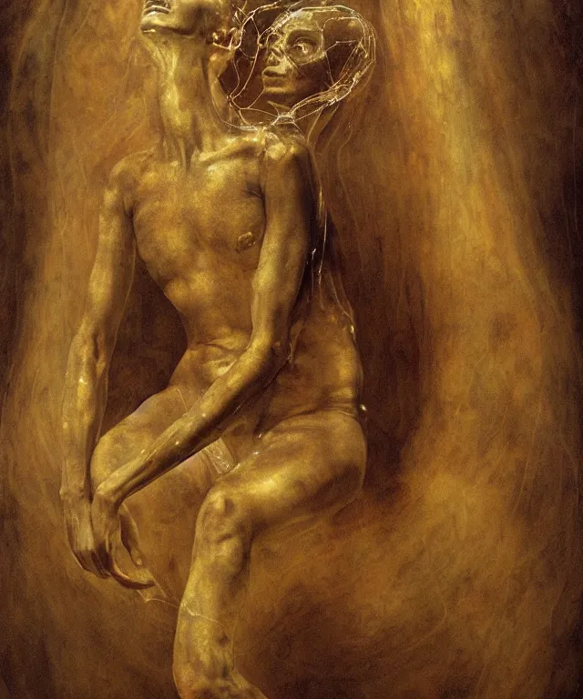 Image similar to Beautiful full-body wax sculpture of glowing transparent woman with visible bones covered with melted white candle wax inside the singularity where stars becoming baroque folds of dark matter by Michelangelo da Caravaggio, Nicola Samori, William Blake, Alex Grey and Beksinski, dramatic volumetric lighting, highly detailed oil painting, 8k, masterpiece