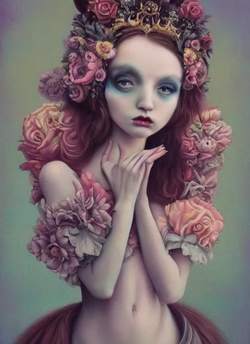 Image similar to pop surrealism, lowbrow art, realistic cute princess painting, bridal victorian fashion, hyper realism, muted colours, rococo, natalie shau, loreta lux, tom bagshaw, mark ryden, trevor brown style,