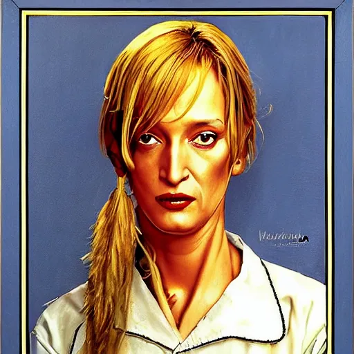 Image similar to a portrait painting of Uma Thurman in kill bill. Painted by Norman Rockwell