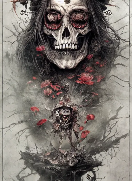 Image similar to Mad Hatter, Death Tarot card,highly detailed,half skull face,cinematic,8k,by Stanley Artgermm,Tom Bagshaw,Greg Rutkowski,Carne Griffiths, Ayami Kojima, Beksinski, Giger,trending on DeviantArt,hyper detailed,horror, full of colour