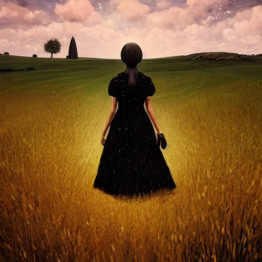 Image similar to giant black daisy flower head, girl walking in wheat field, hills, surreal photography, dark night, star trails, dramatic light, impressionist painting, clouds, digital painting, artstation, simon stalenhag